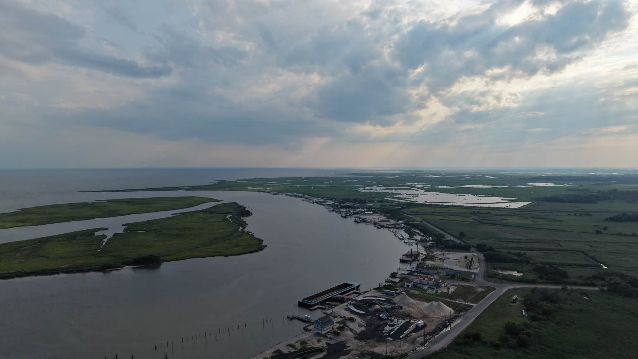 Aerial view of a working Delaware Bayshore waterfront and dock near Port Norris, New Jersey